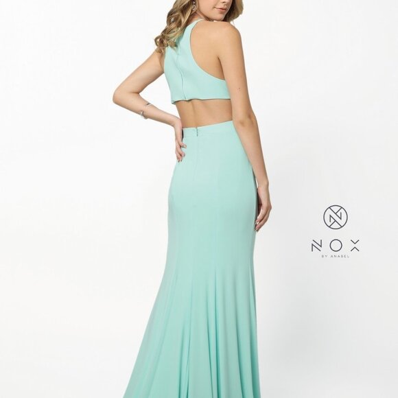 MINT GREEN PROM PARTY OPEN BACK Halter Neck Leg Slit SHEATH LONG Dress NXQ131 - Picture 2 of 8